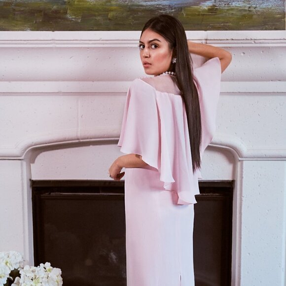 Women's Handmade Cape Popover Maxi Silk Dress Gown Pink XSP gala formal wedding - Picture 3 of 12